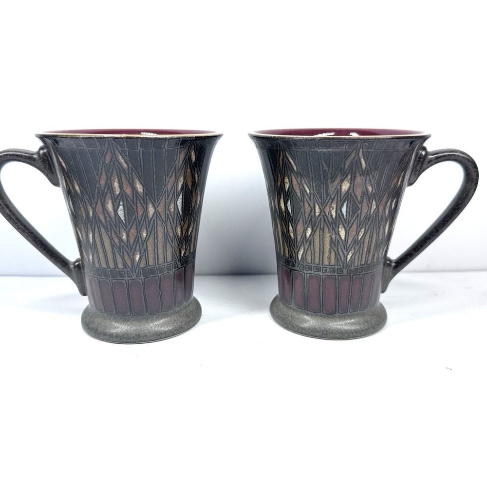Denby England Pottery Coffee Mug Set Gothic Geometric Burgundy Gray Cups